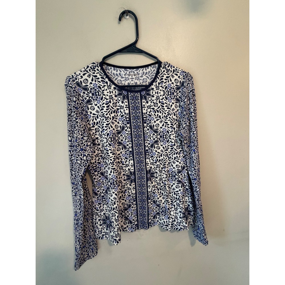 Lands End Womens Navy White Floral Paisley Long Sleeve Rash Guard Swim Top S 6-8